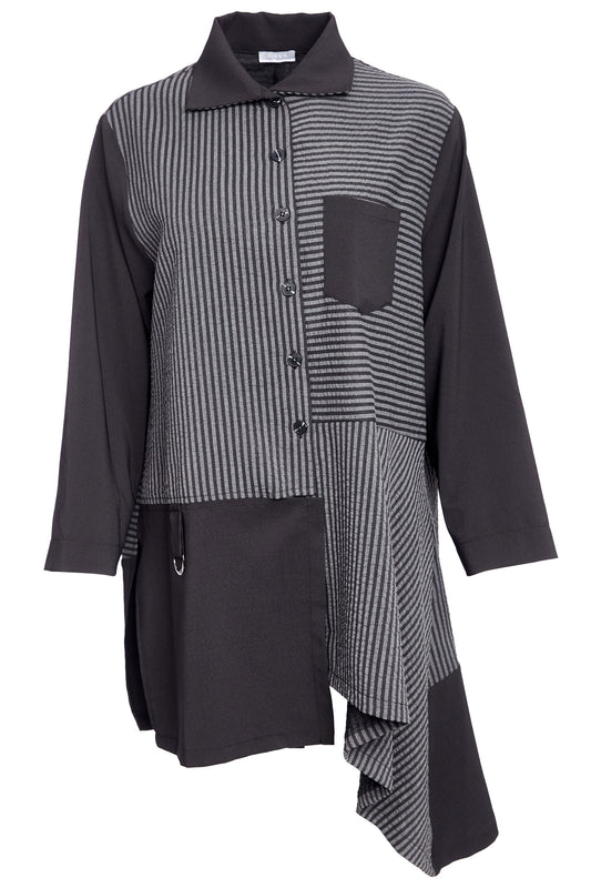 Naya Stripped blouse with angled hem and contrast sleeve plus panels  Black & Grey NAW25191-908