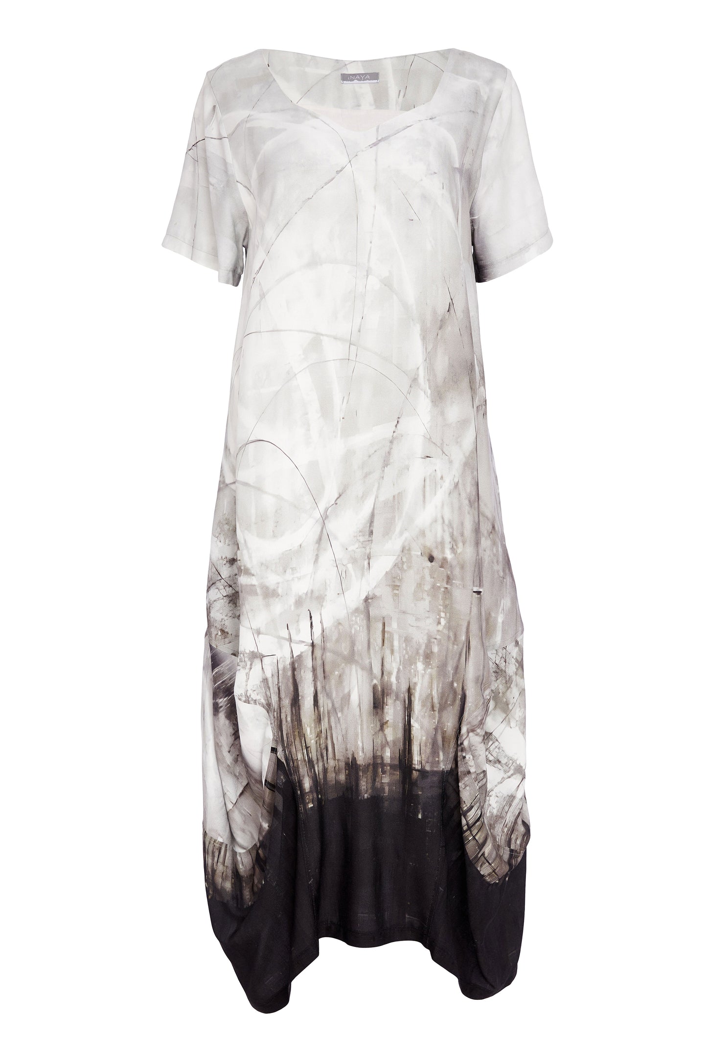 Naya Border Print Round Neck Dress Taupe NAS26306-71