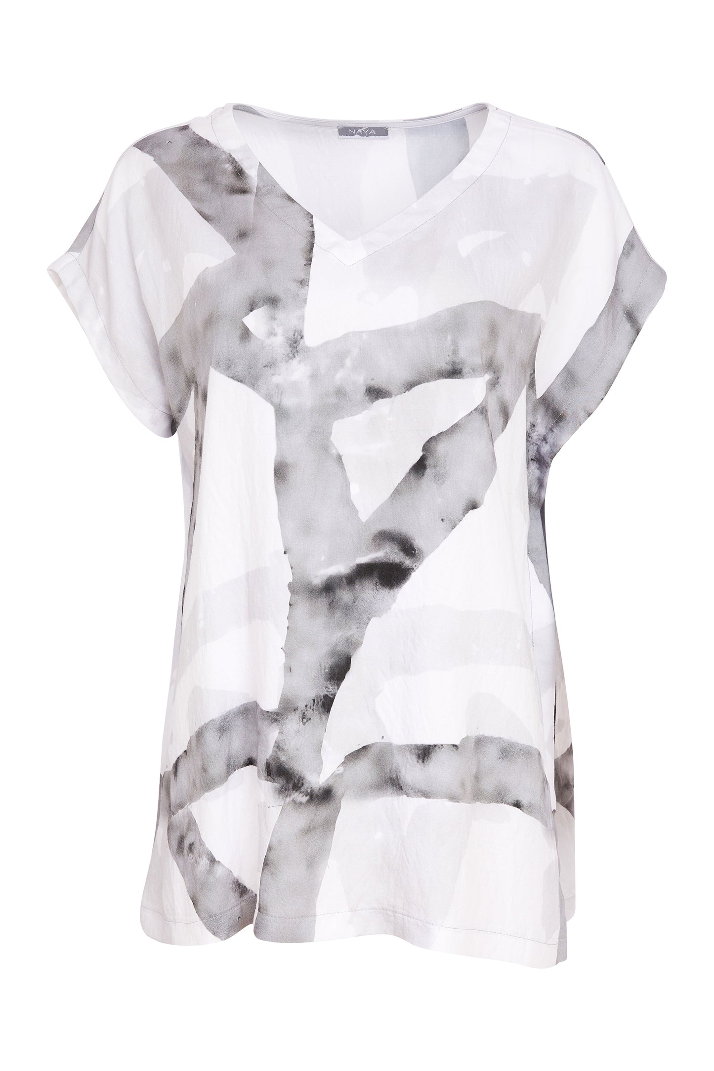 Naya Marbled Ribbon Print Vee Neck Top White & Granite NAS26314-182