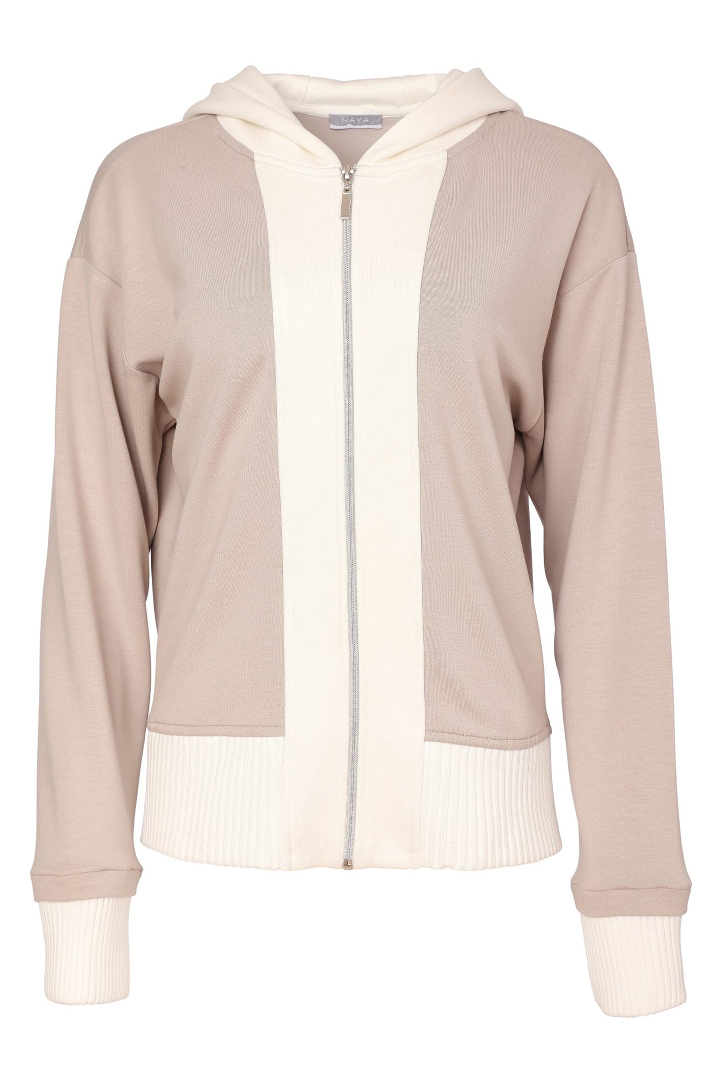 Hooded Jacket With Ribbed Detail Mink/Cream NAW26137-712