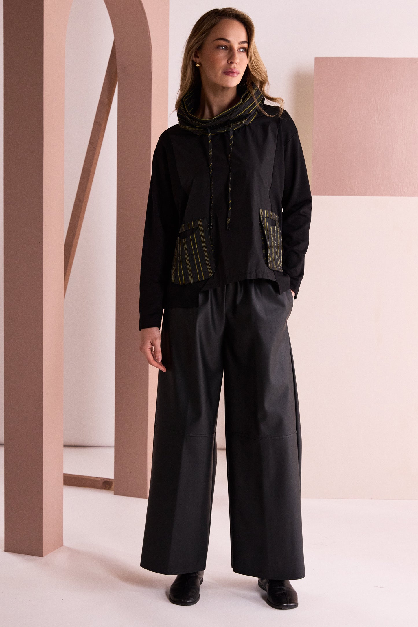 Naya Stripped Top With Drawstring Neck Black/Avacado NAW26153-953