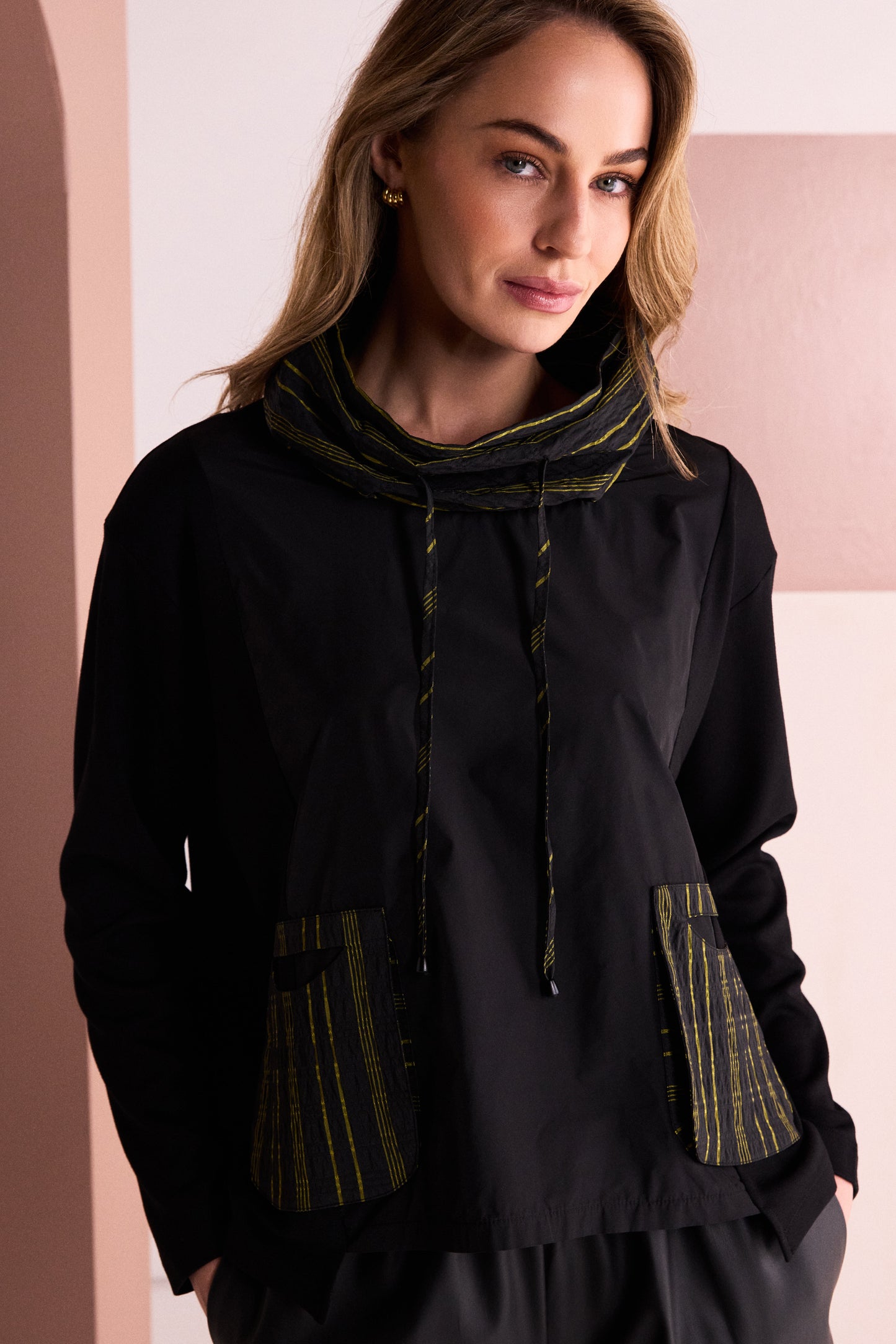 Naya Stripped Top With Drawstring Neck Black/Avacado NAW26153-953