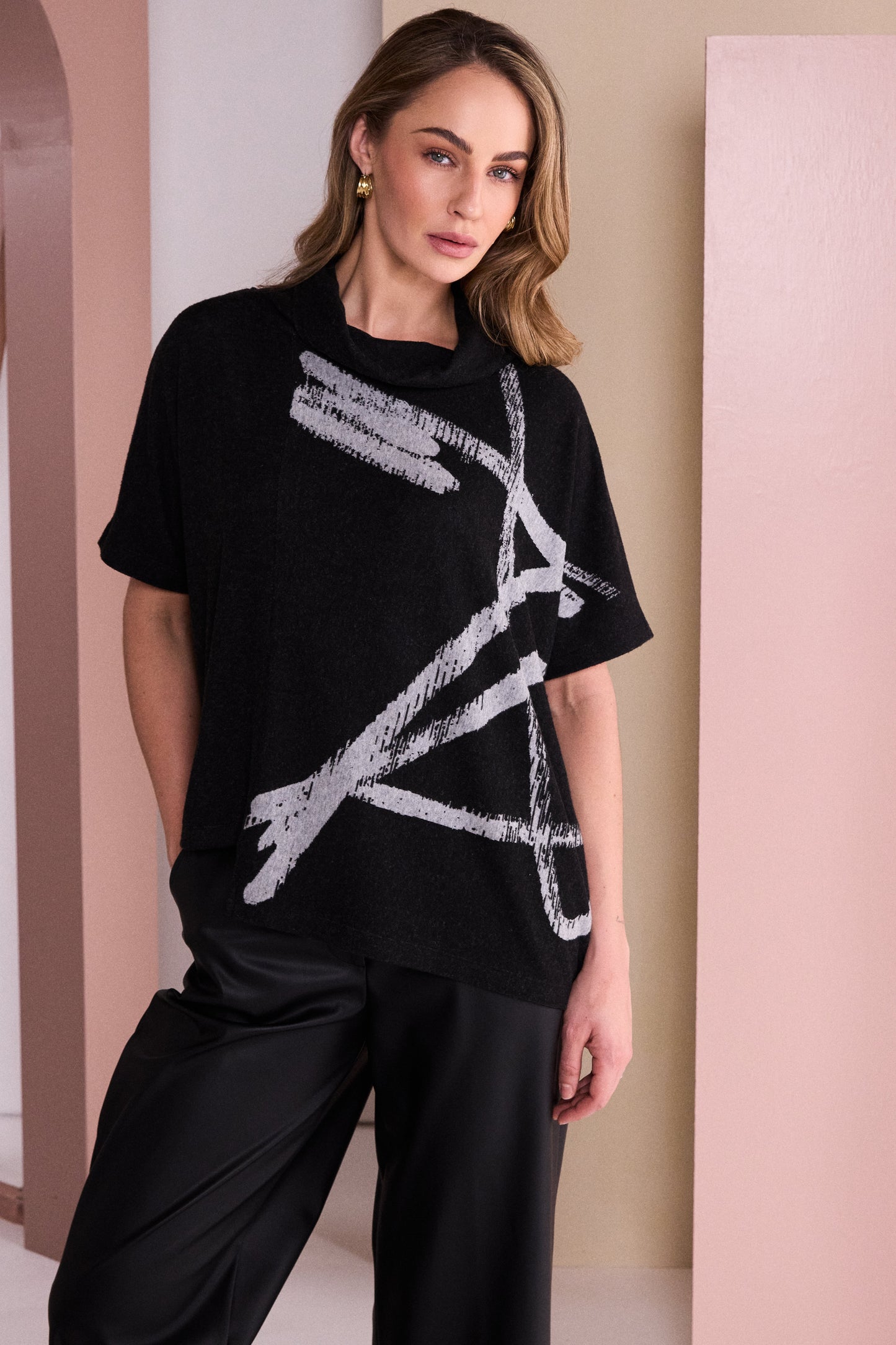 Naya Brush Stroke Print Top Black/Silver NAW26204-985