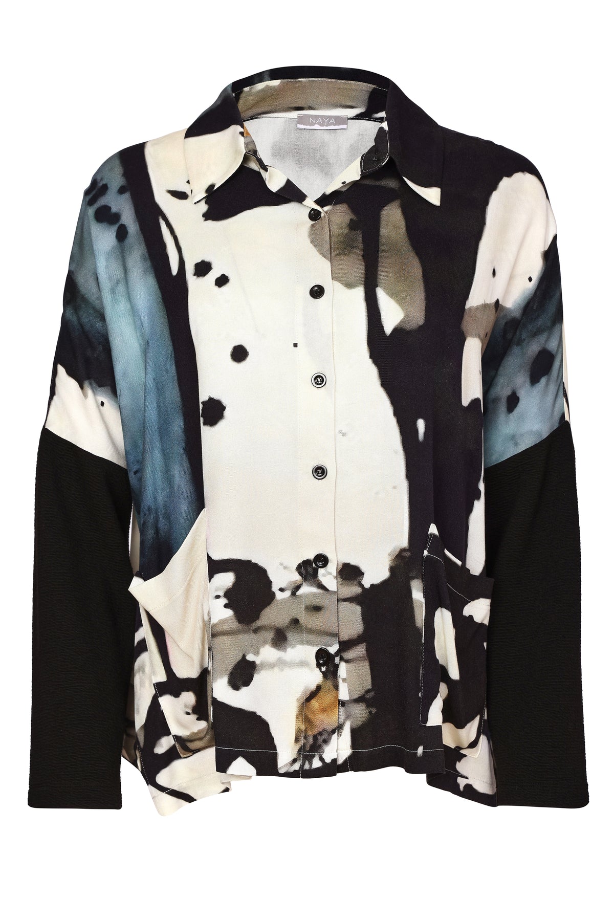 Naya Print Shirt With Contrast Sleeve Black/Turquoise NAW26320-962