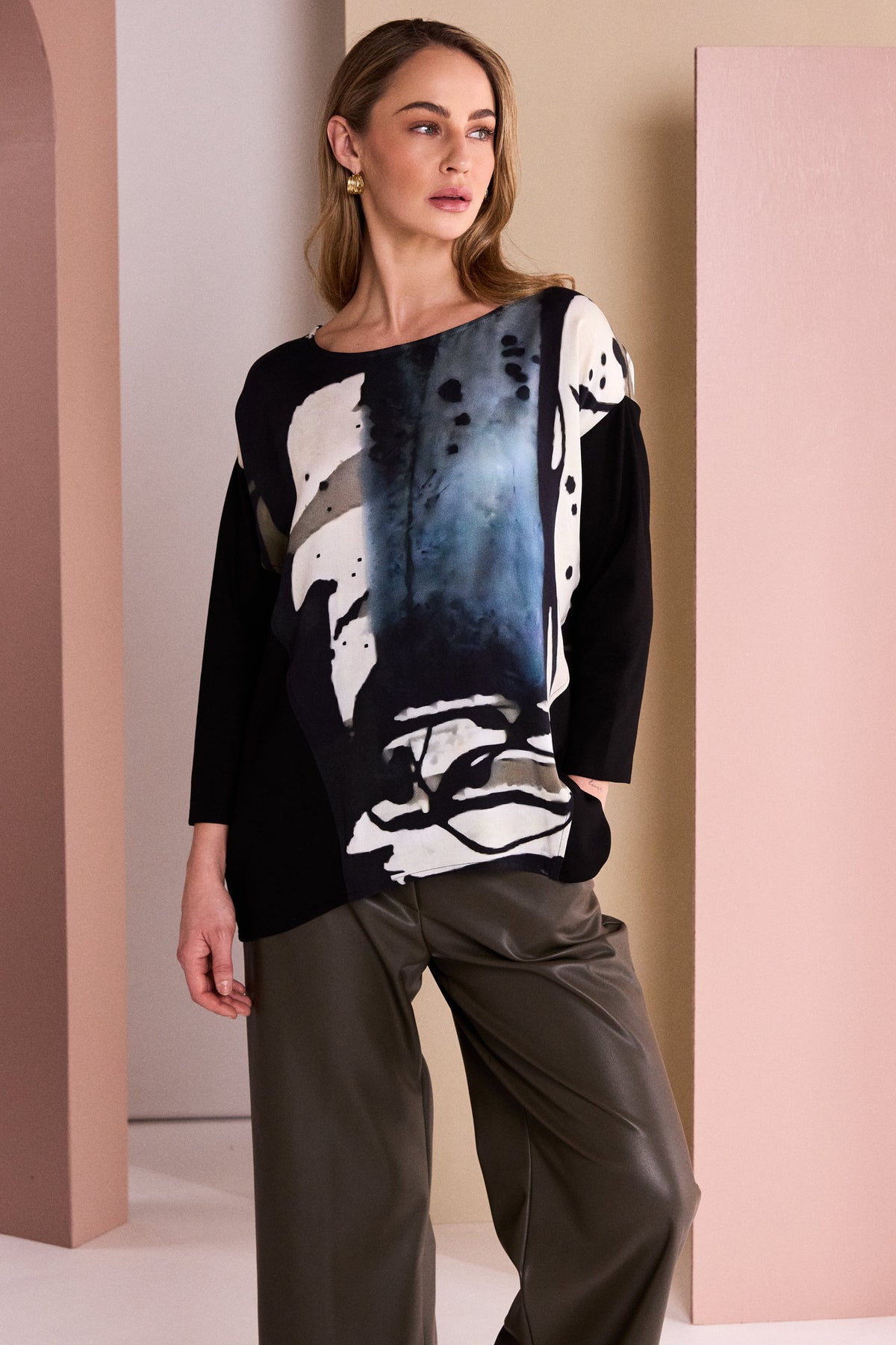 Naya Print Top With Contrast Sleeve Black/Turquoise NAW26321-962