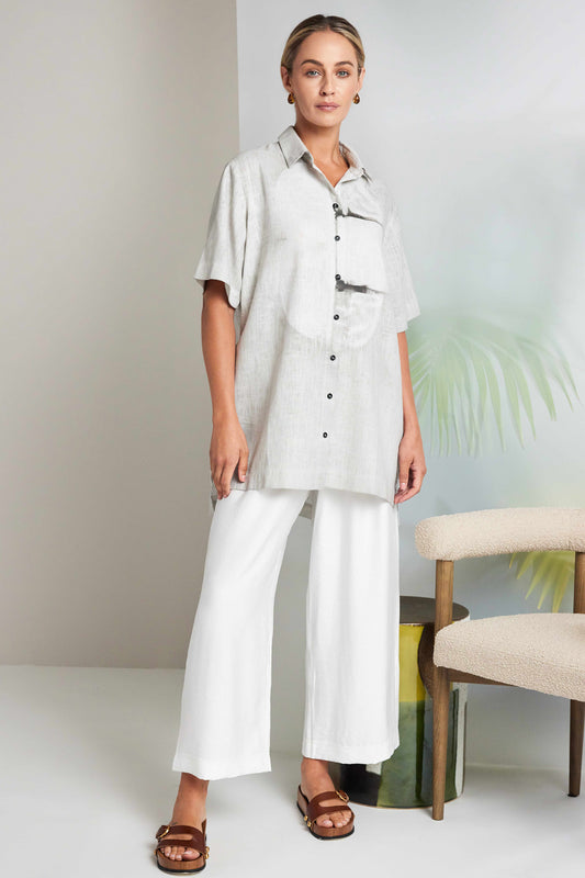 Naya Placement Oil Print Linen Shirt Taupe NAS26136-71