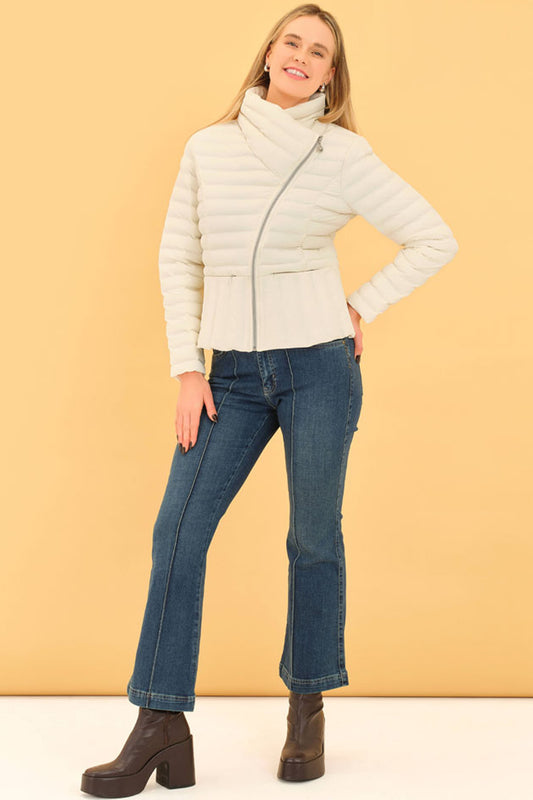 Dolcezza Quilted Asymmetric Zip Detail Jacket Off White 75810
