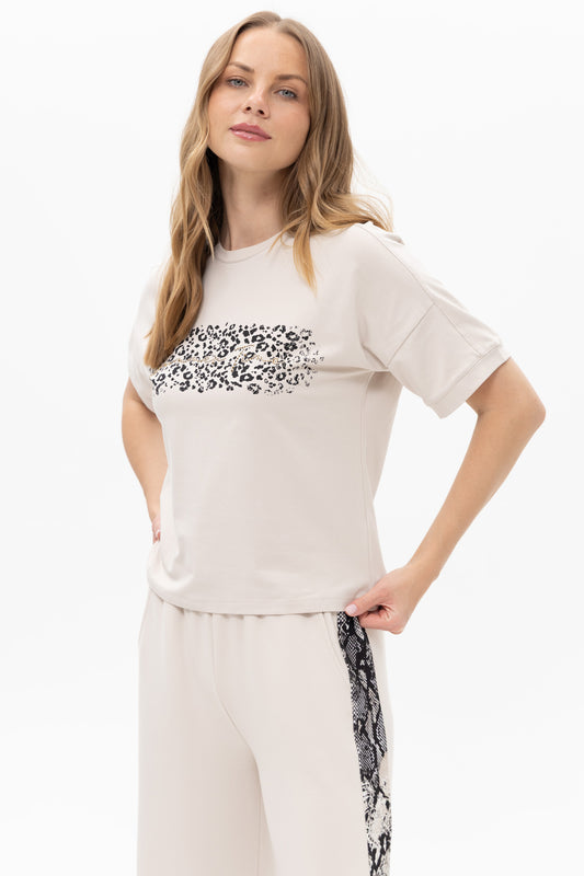 Passioni Animal Print Embellished Top Beige 19136