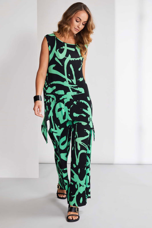 Naya Print Pleated Wide Leg Trousers Black/Green NAS25184-951