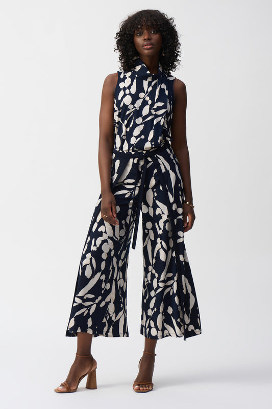 Joseph Ribkoff Silky Knit Abstract Print Wide Leg Pants - Midnight Blue/Beige - 251252-3876