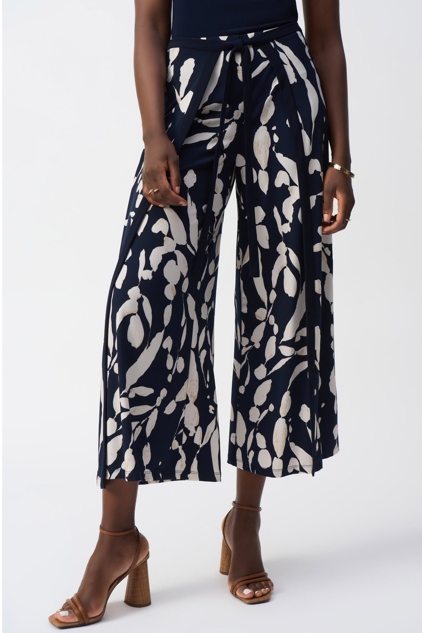 Joseph Ribkoff Silky Knit Abstract Print Wide Leg Pants - Midnight Blue/Beige - 251252-3876
