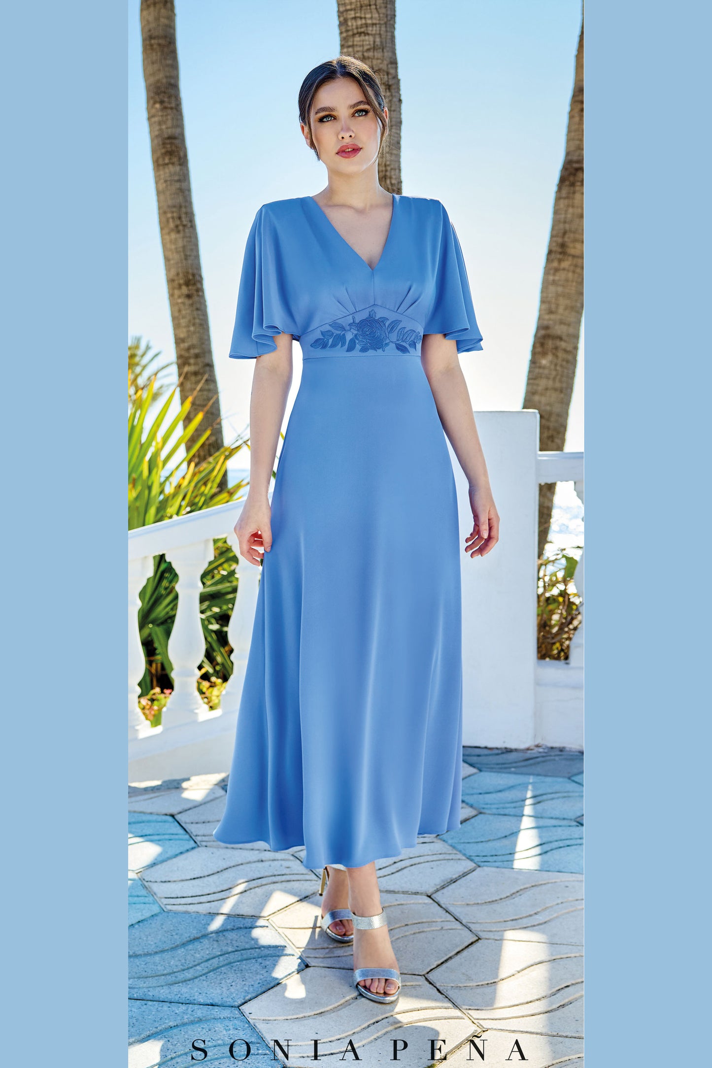 Sonia Pena Embroidered Leaf A-line Dress Azul 1260016