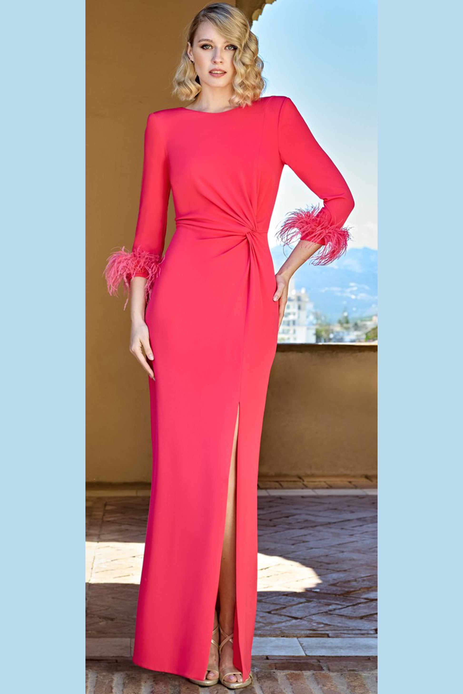 Sonia Pena Feather Detail Maxi Dress Coral 21260070 Bentleys Banchory Sonia Pena Feather Detail Maxi Dress Coral 21260070 Bentleys Banchory
