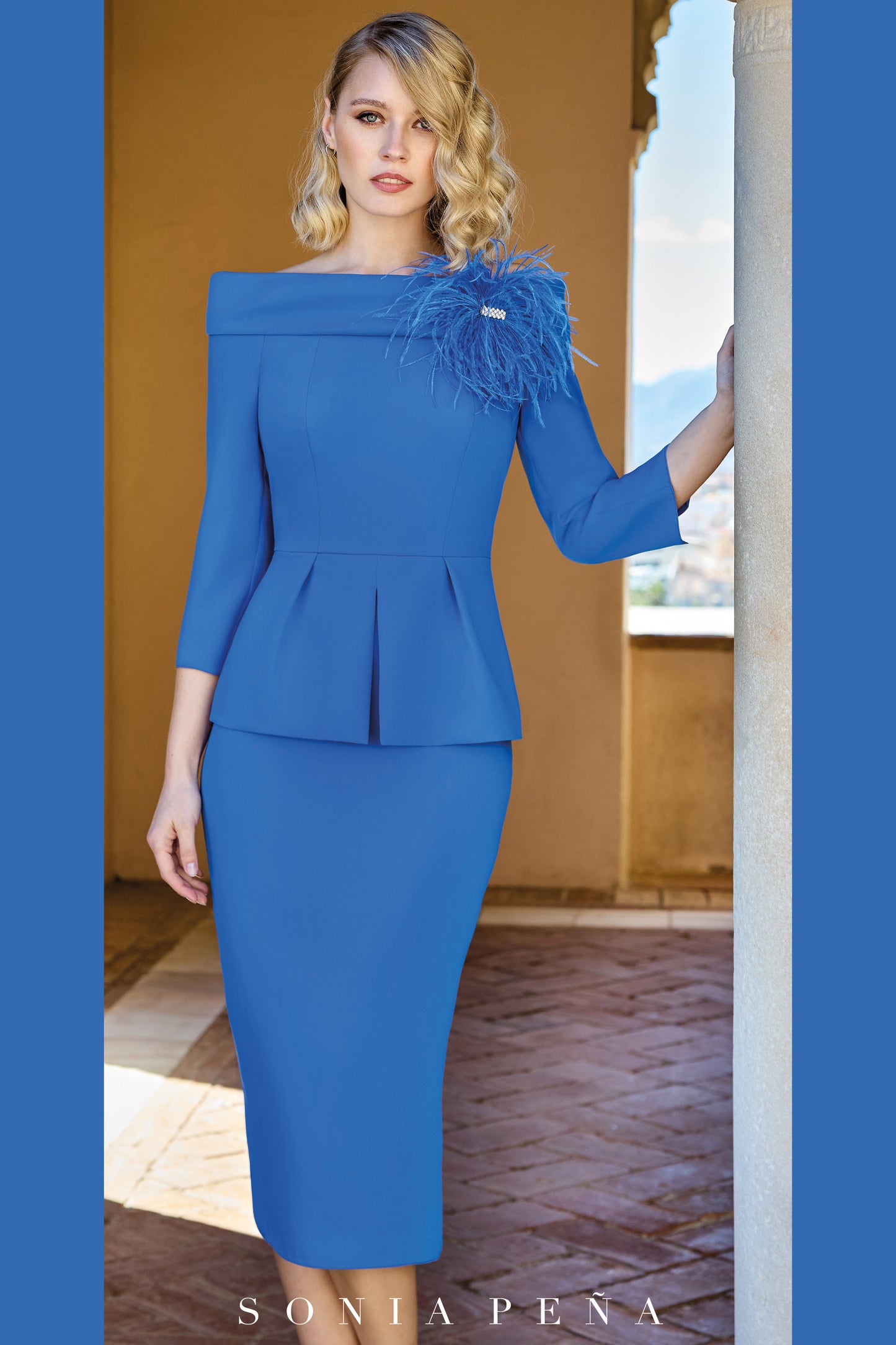 Sonia Pena Peplum Feather Dress Blue 1260080