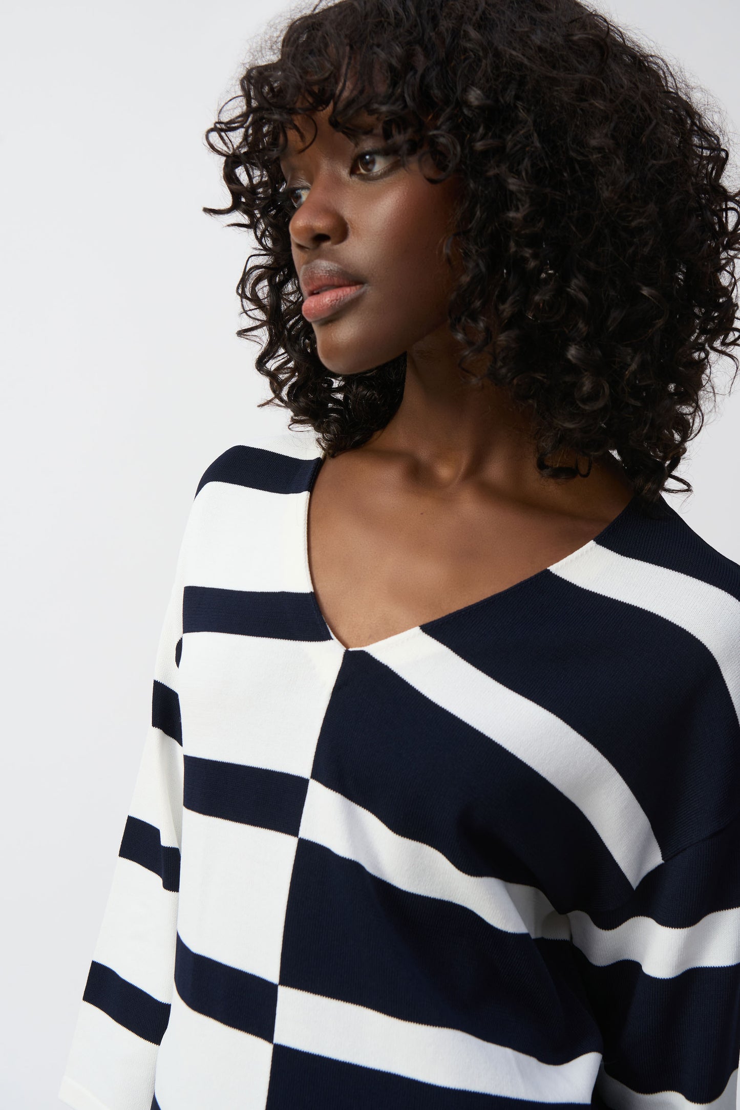Joseph Ribkoff Striped Sweater Knit V-Neck Pullover Midnight Blue/Vanilla 251914-2229