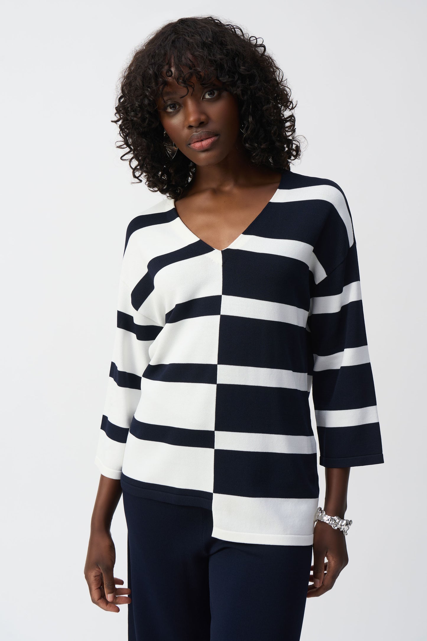 Joseph Ribkoff Striped Sweater Knit V-Neck Pullover Midnight Blue/Vanilla 251914-2229