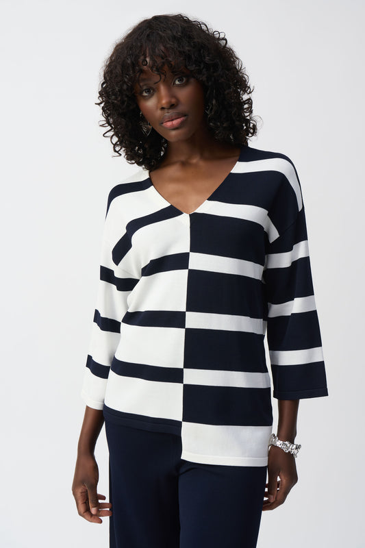 Joseph Ribkoff Striped Sweater Knit V-Neck Pullover Midnight Blue/Vanilla 251914-2229