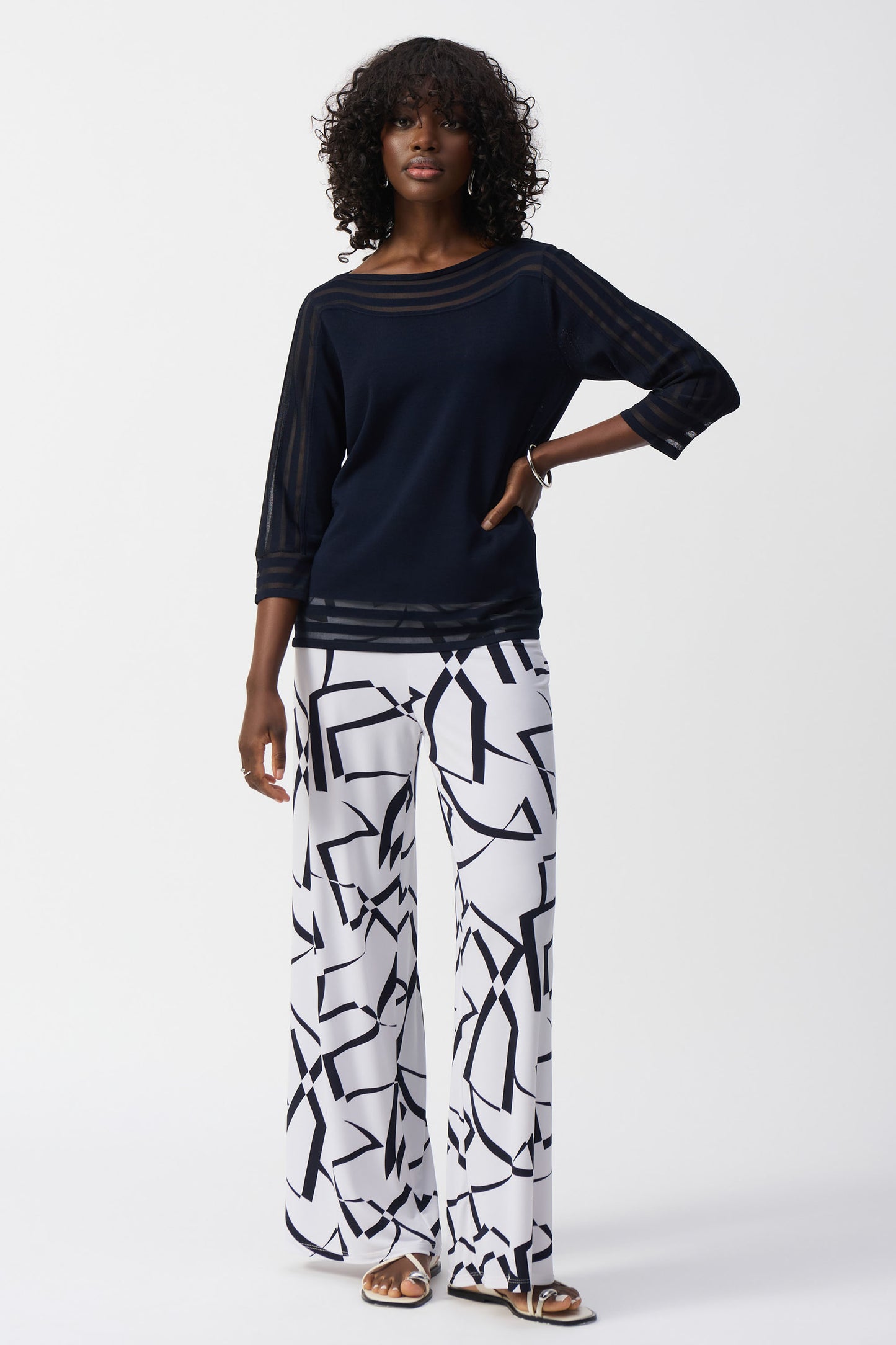 Joseph Ribkoff Sweater Knit Pullover with Mesh Stripe Detail Midnight Blue 251946-2166
