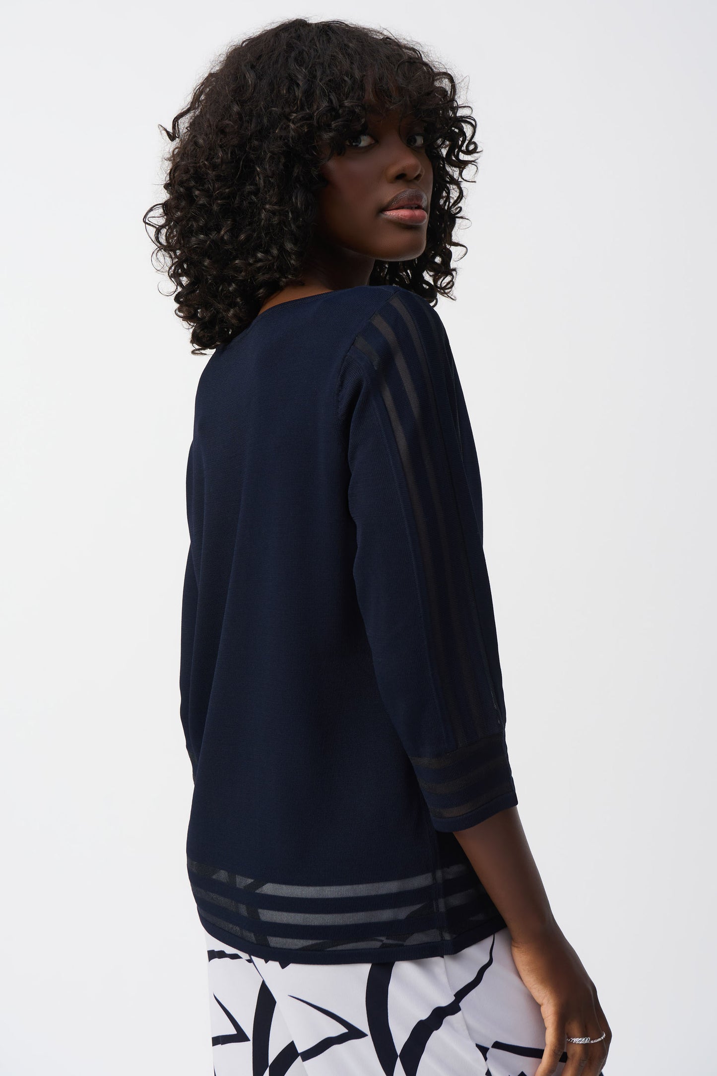 Joseph Ribkoff Sweater Knit Pullover with Mesh Stripe Detail Midnight Blue 251946-2166