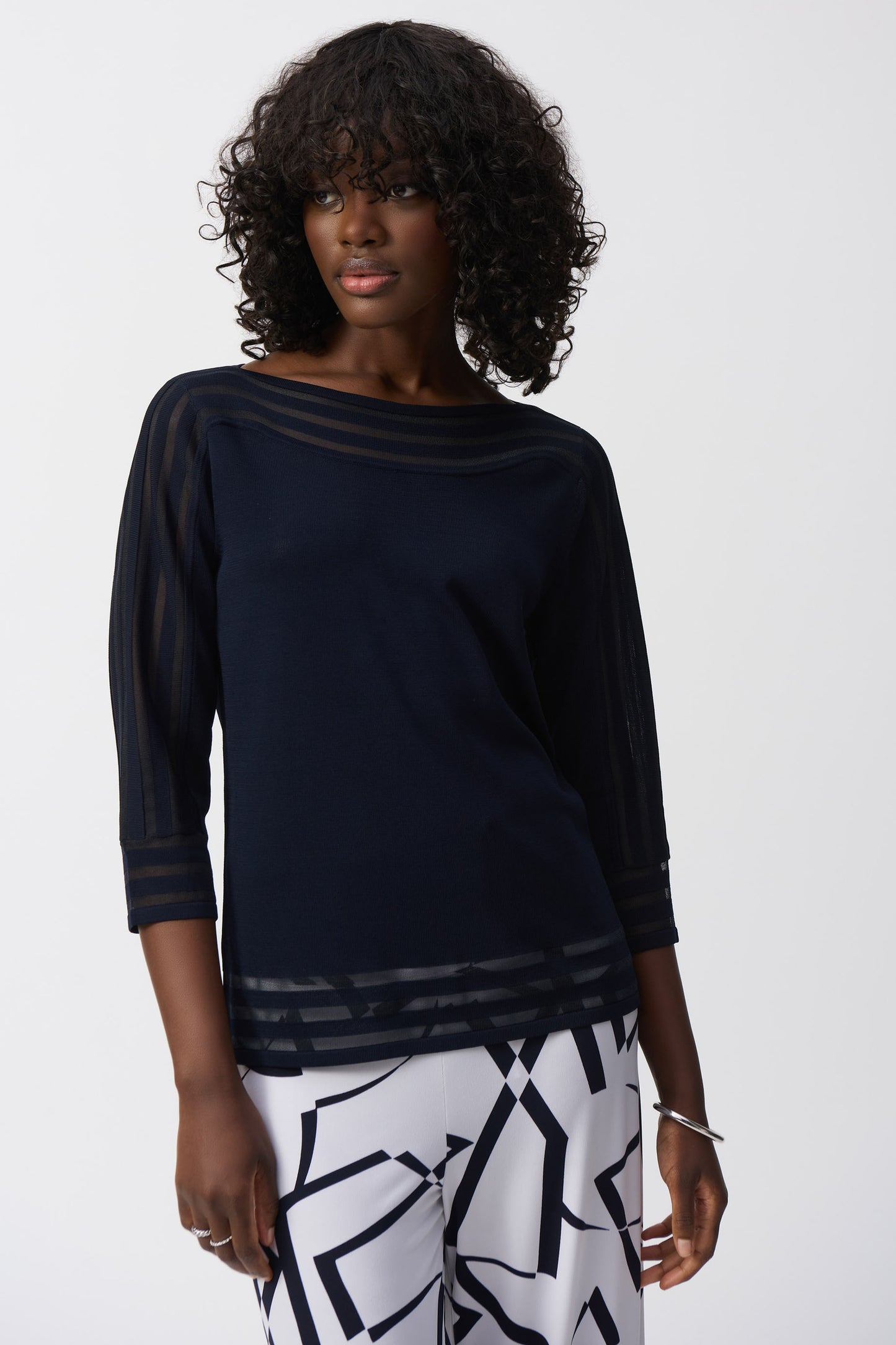 Joseph Ribkoff Sweater Knit Pullover with Mesh Stripe Detail Midnight Blue 251946-2166