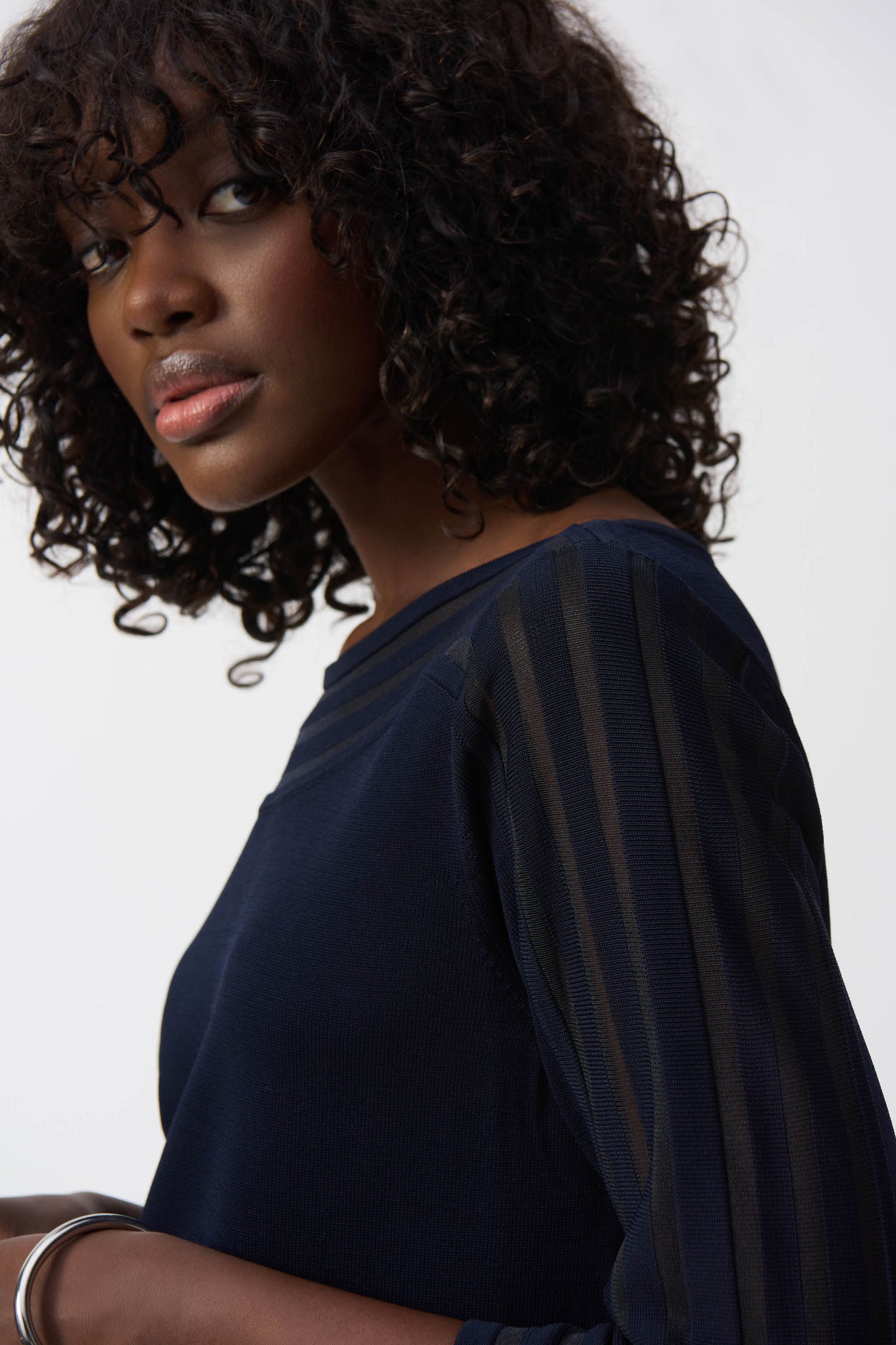 Joseph Ribkoff Sweater Knit Pullover with Mesh Stripe Detail Midnight Blue 251946-2166