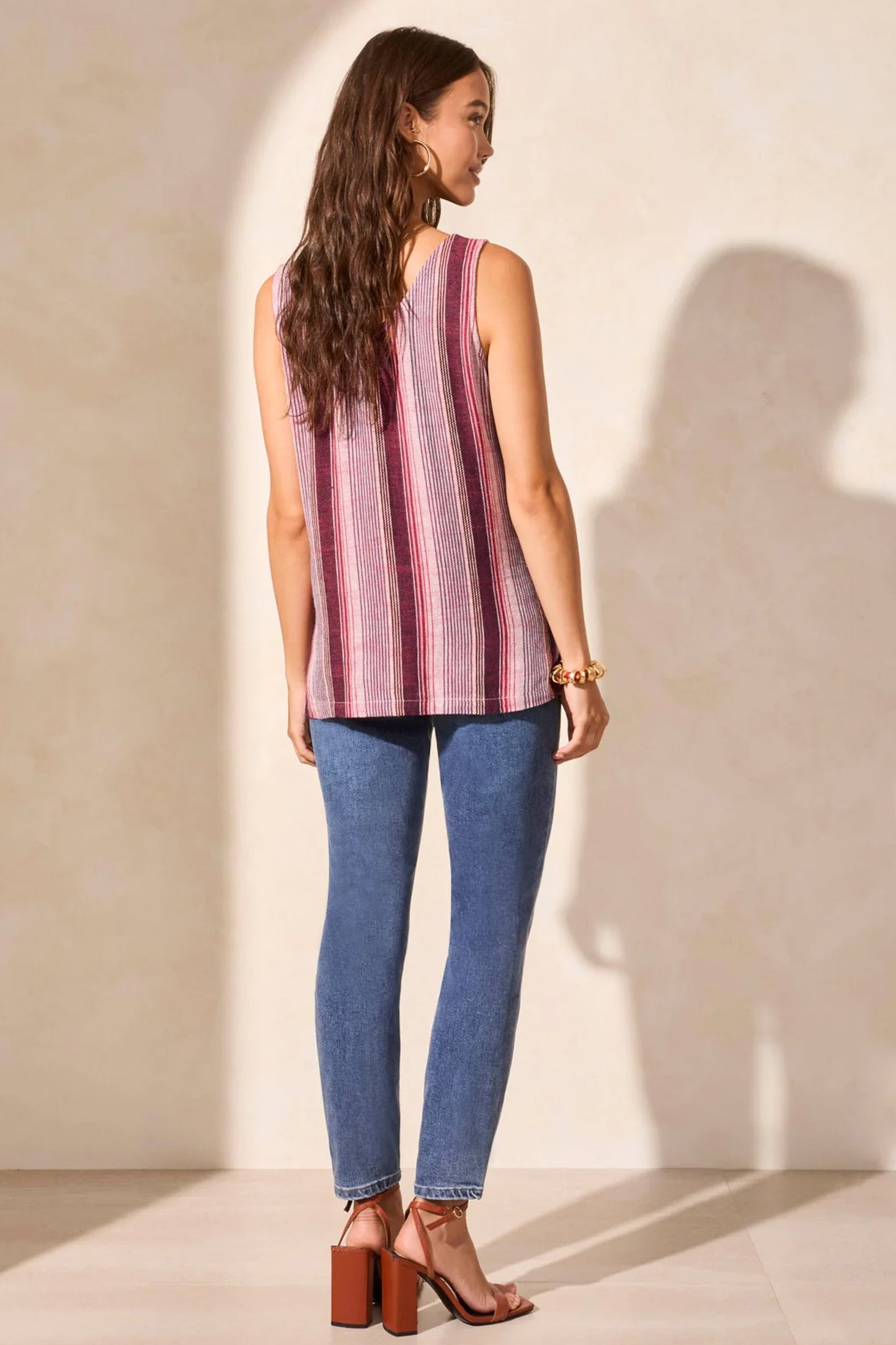 Tribal Linen Blend Stripe Button Camisole Maroon 7719O-4400