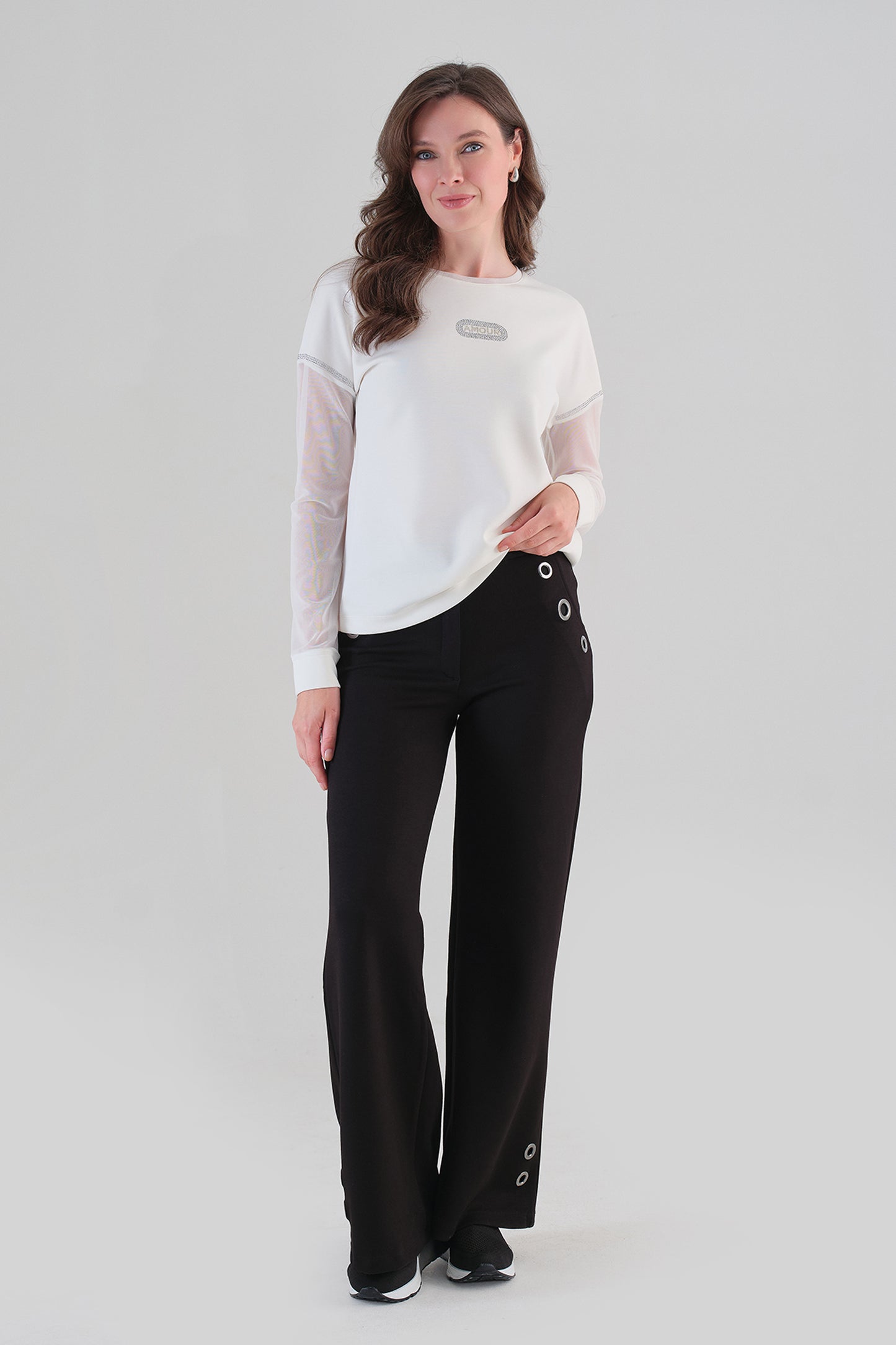 Tricotto Contrast Sleeve Top in Winter White 96013