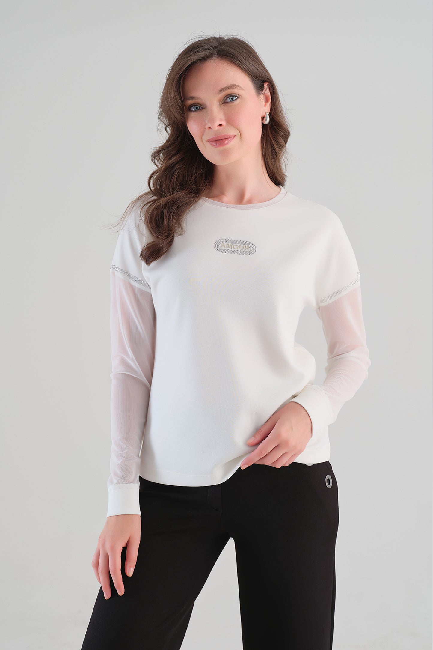 Tricotto Contrast Sleeve Top in Winter White 96013