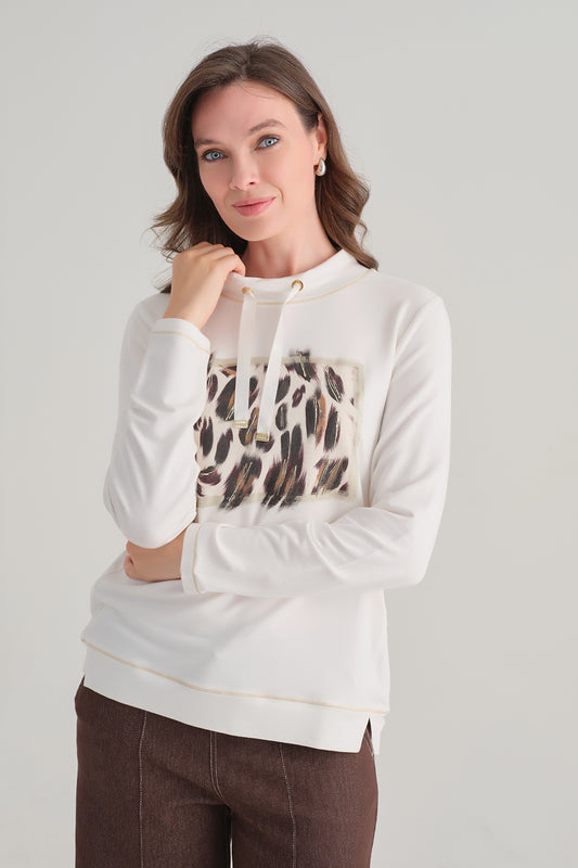 Tricotto Abstract Print Funnel Neck Top Cream 96019