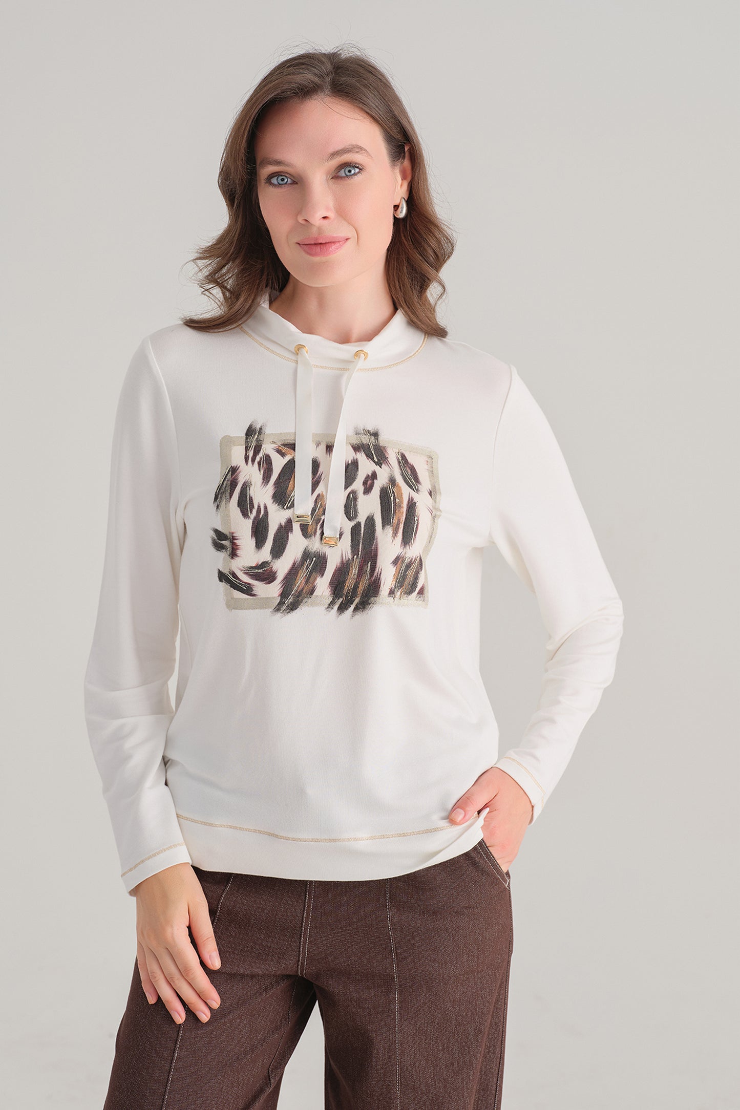 Tricotto Abstract Print Funnel Neck Top Cream 96019
