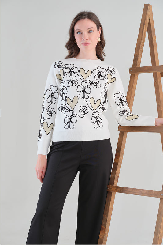 Tricotto Floral Knit Sweater Winter White 96189