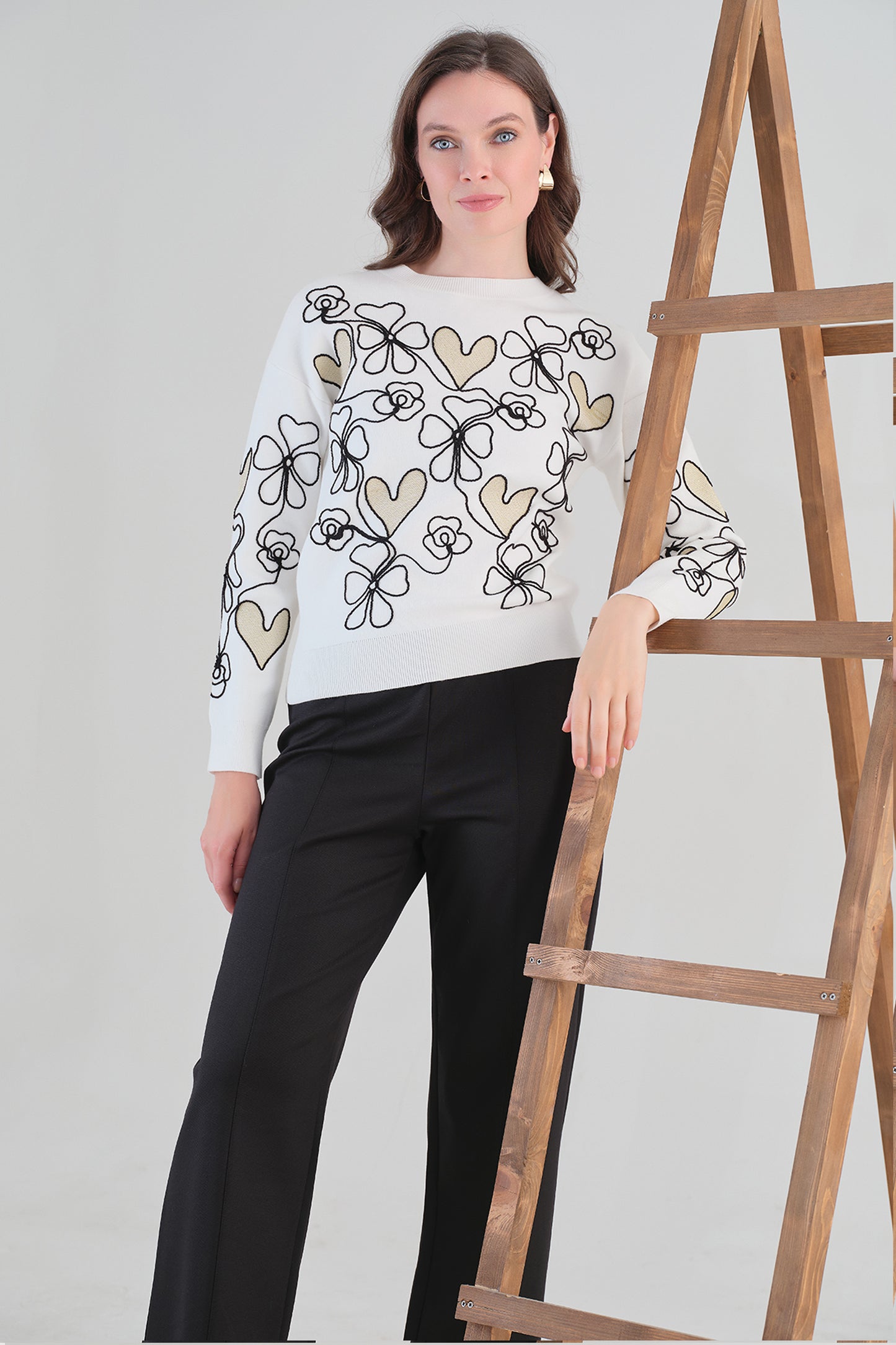 Tricotto Floral Knit Sweater Winter White 96189