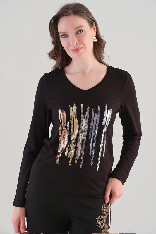 Tricotto Abstract Print Top Black 96202