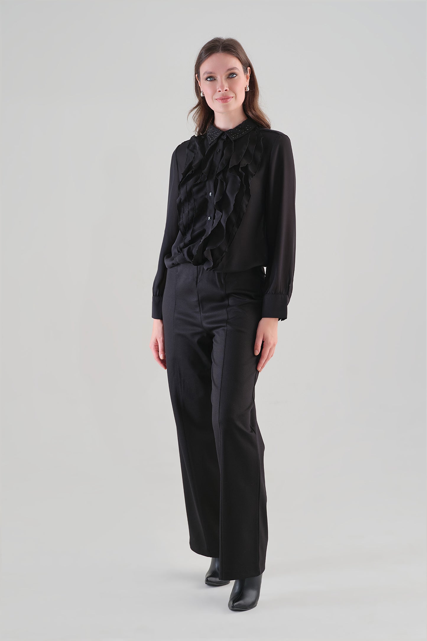Tricotto Frill Front Blouse Black 96222