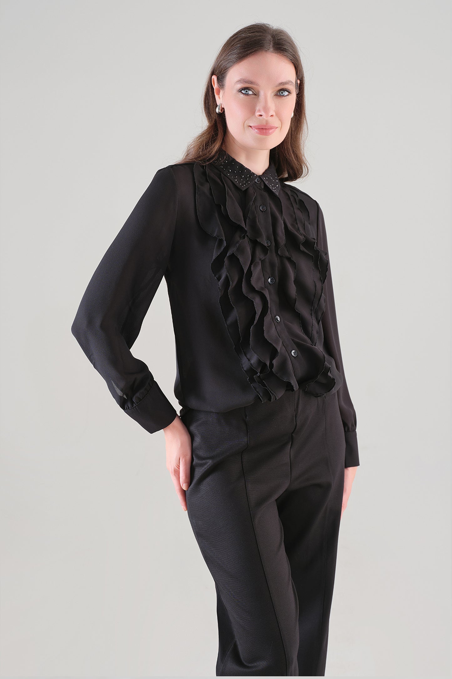 Tricotto Frill Front Blouse Black 96222