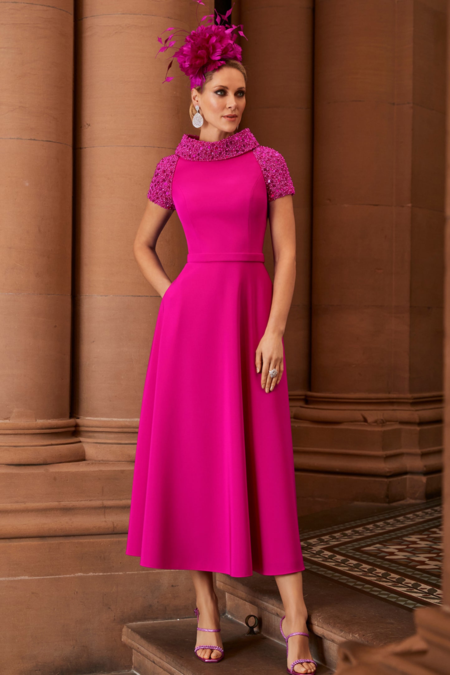 Veni Infantino A Line Beaded Neckline Dress Magenta 991815