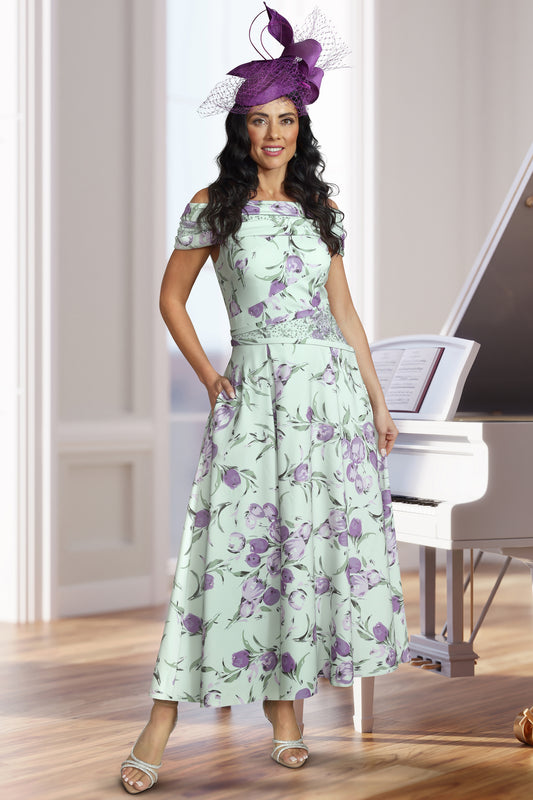 Veromia Occasions Floral Off The Shoulder Detail Dress Kiwi VO2915