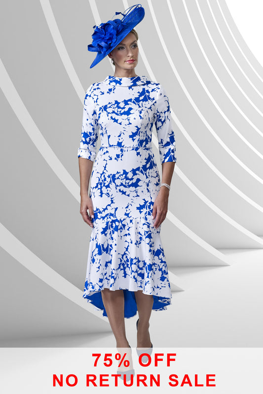 Veromia Occasions Floral Print Dipped Hemline Dress - Ivory/Cobalt - VO9166