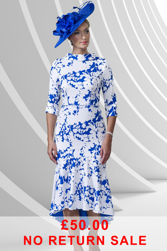 Veromia Occasions Floral Print Dipped Hemline Dress - Ivory/Cobalt - VO9166