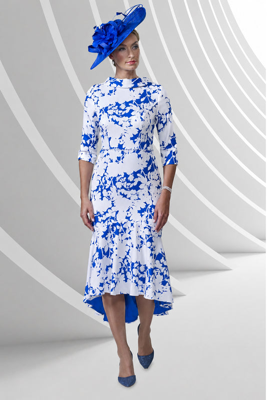Veromia Occasions Floral Print Dipped Hemline Dress - Ivory/Cobalt - VO9166