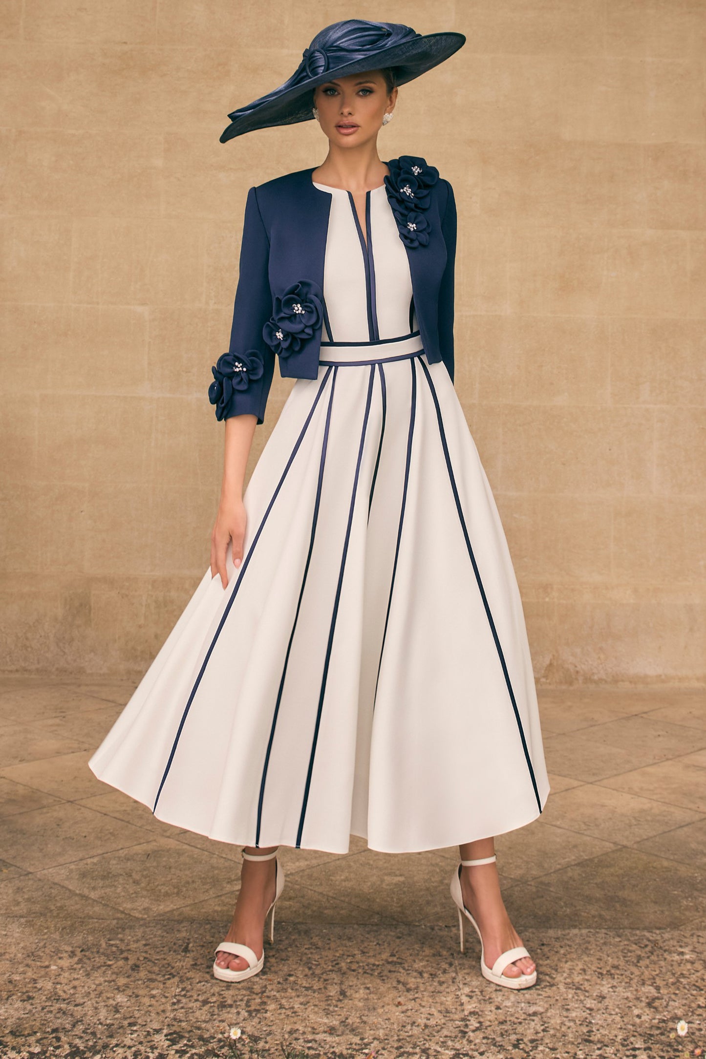 Veni Infantino Crepe with Satin Trim Dress & Jacket Navy/Ivory 992711