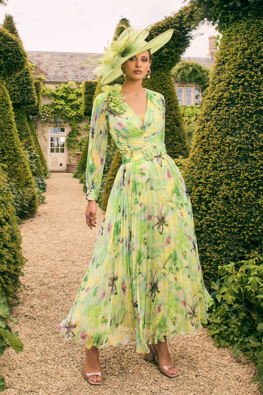 Veni Infantino Chiffon Pleated Print Dress Lime/Multi 992770