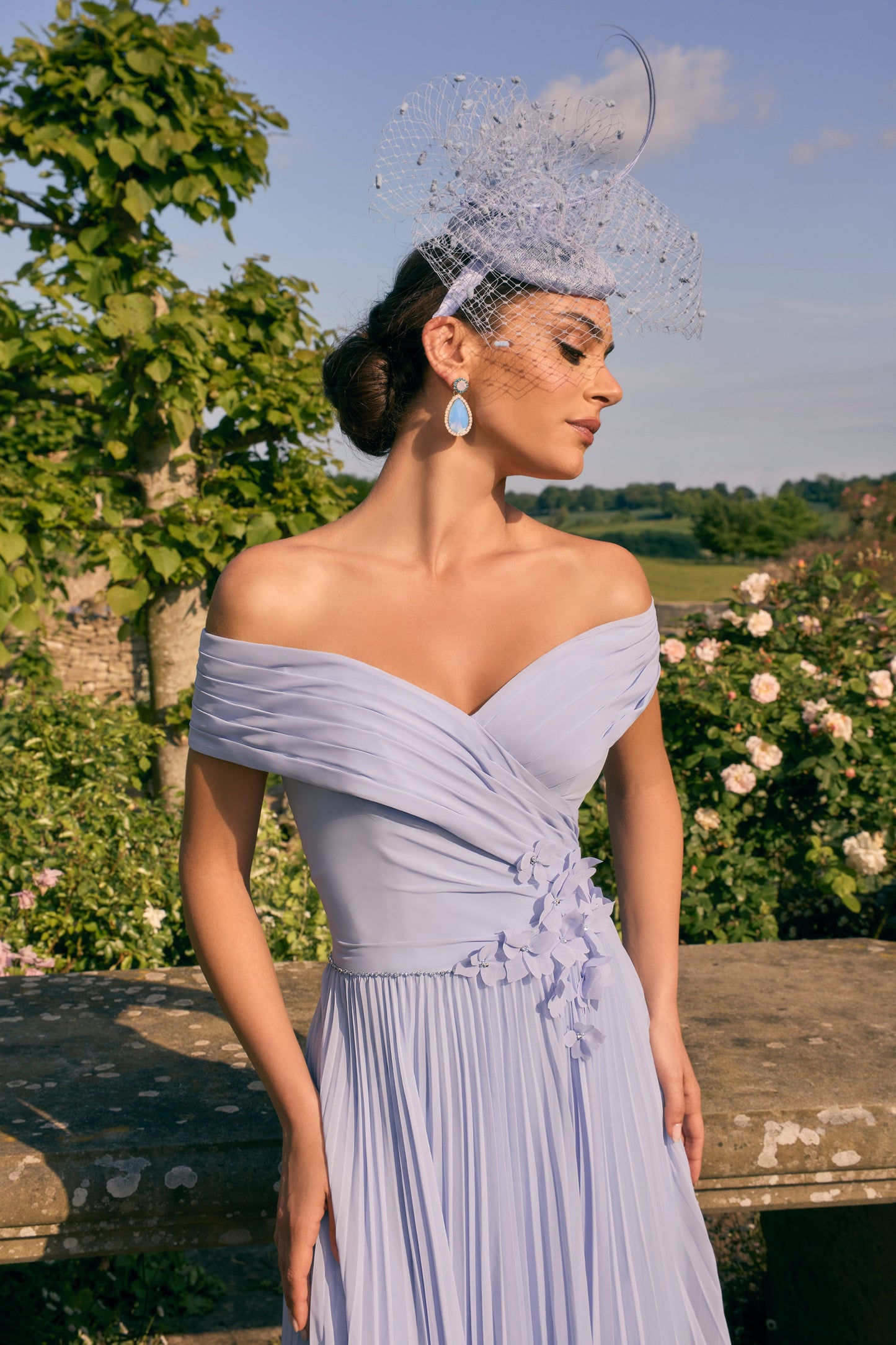 Veni Infantino Pleated Floral Appliqué Chiffon Dress Powder Blue 992779