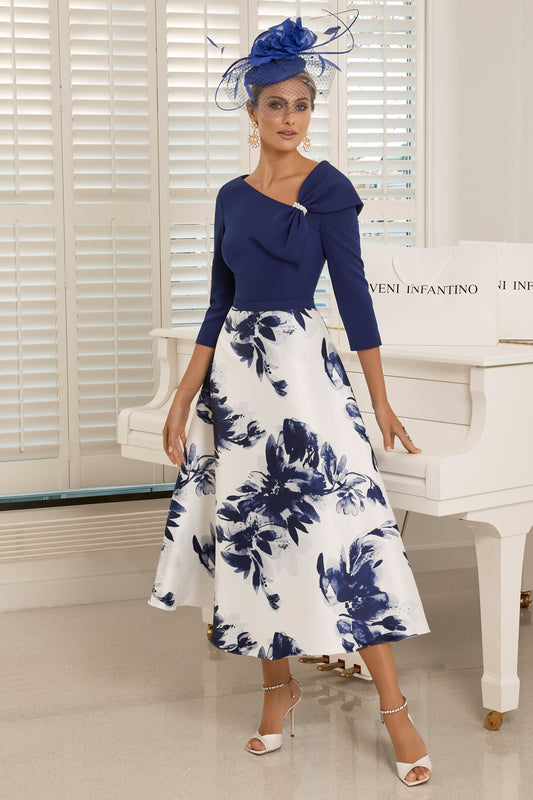 Veni Infantino Floral Bow Detail Dress Ivory/Sapphire 992104A