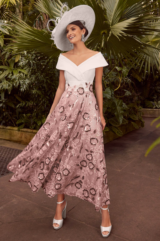 Veni Infantino Crepe & Beaded Embroidered Lace Dress - Ivory/Dusty Rose - 992351