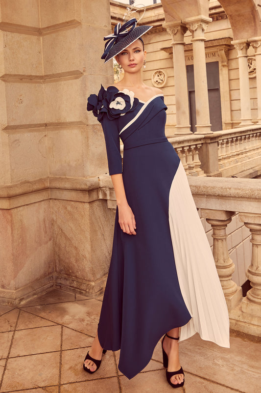 Veni Infantino Handkerchief Dress With Floral Cut Work Detail - Navy/Ivory - 992502A