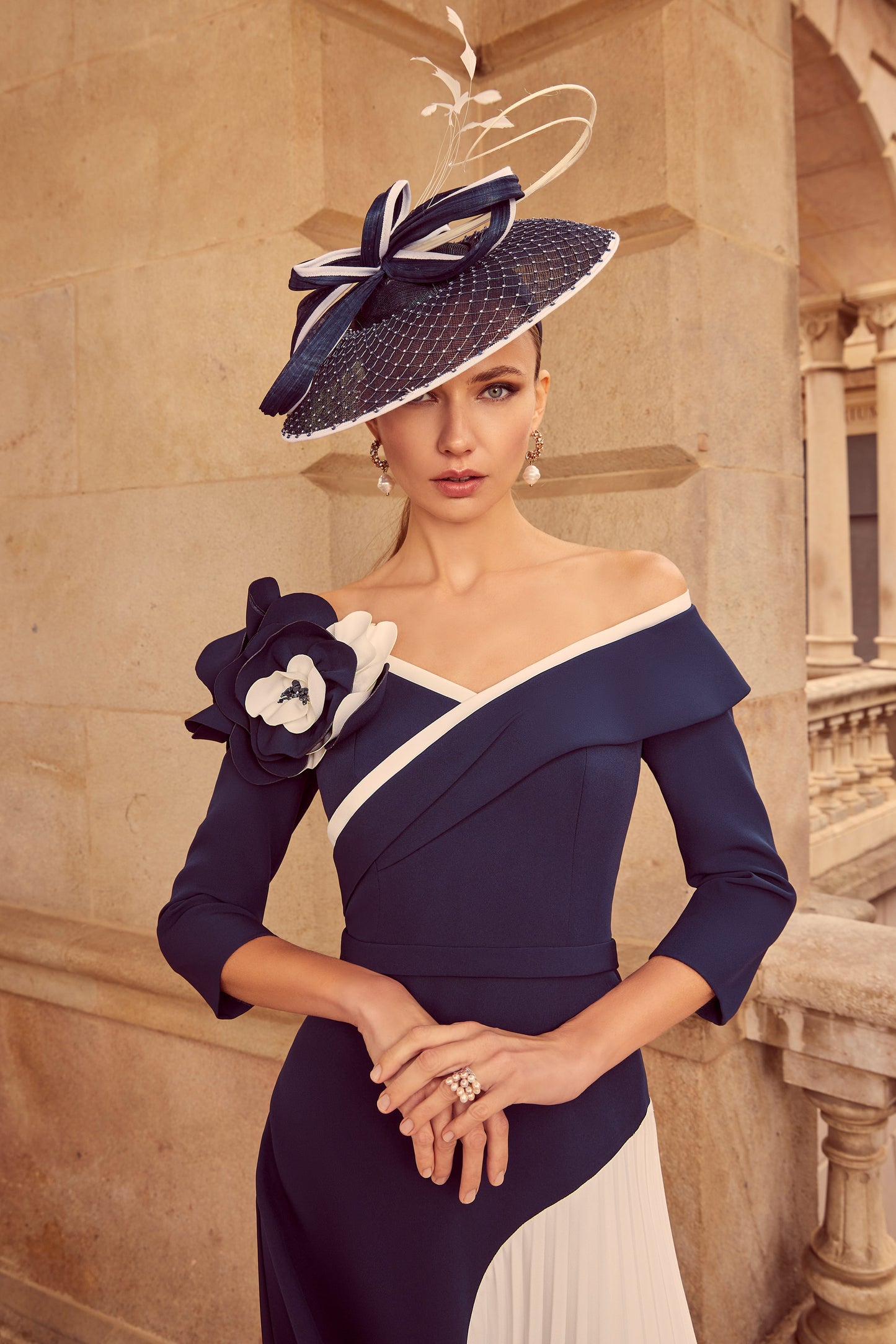 Veni Infantino Handkerchief Dress With Floral Cut Work Detail - Navy/Ivory - 992502A