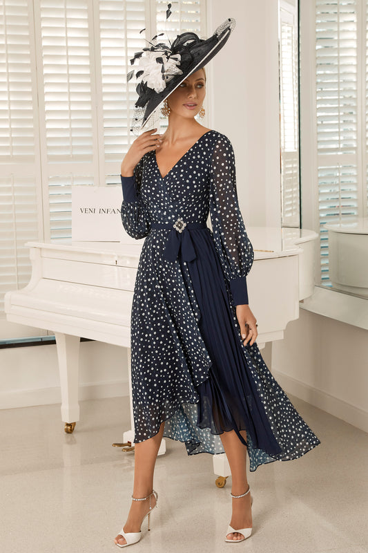 Invitations by Veni Chiffon Spot Print Dress Navy/Ivory 992102