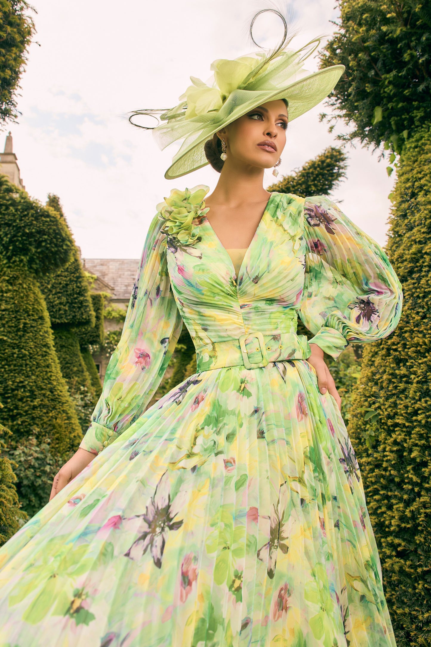 Veni Infantino Chiffon Pleated Print Dress Lime/Multi 992770