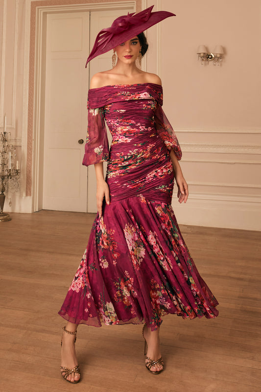 Veni Infantino Ruched Floral Dress Claret/Multi 992821